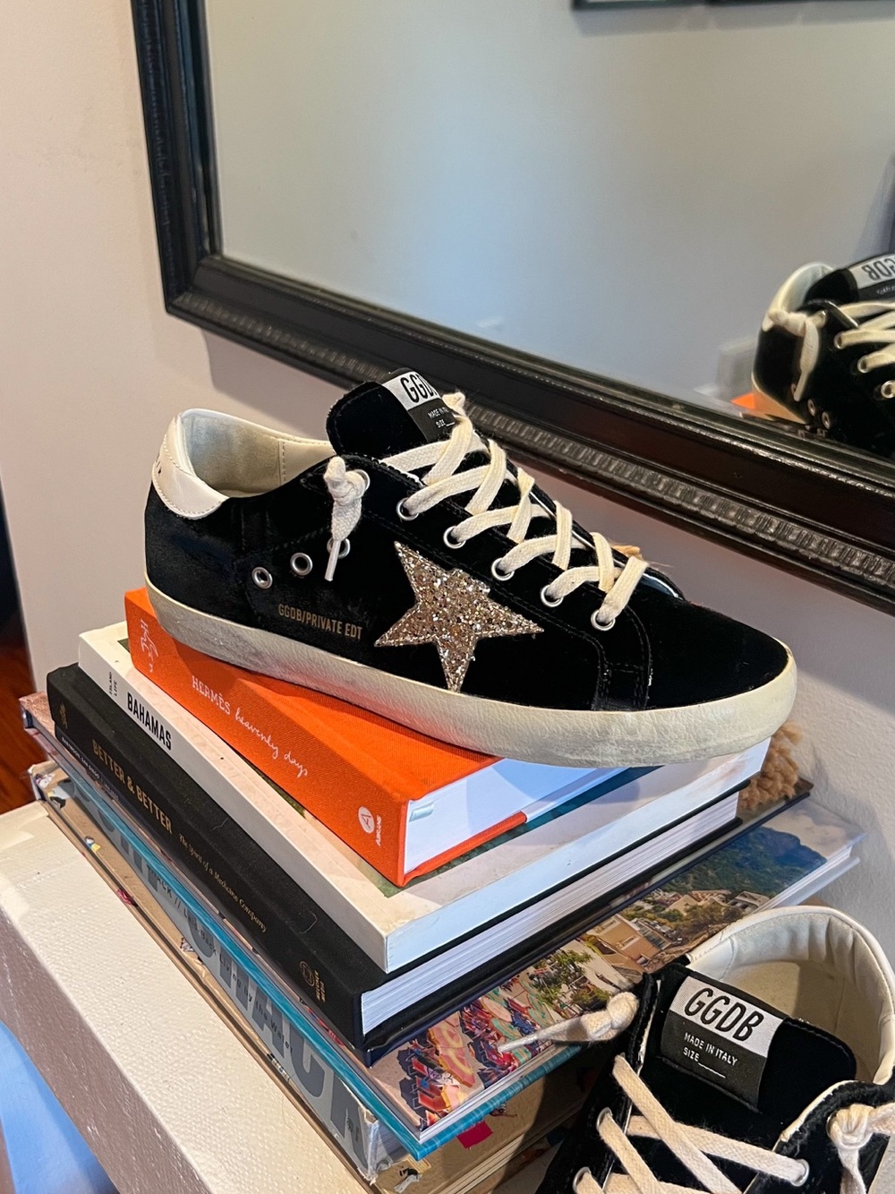 Golden Goose Black Velvet Sneakers with Gold Glitter Star - Picture 2 of 9